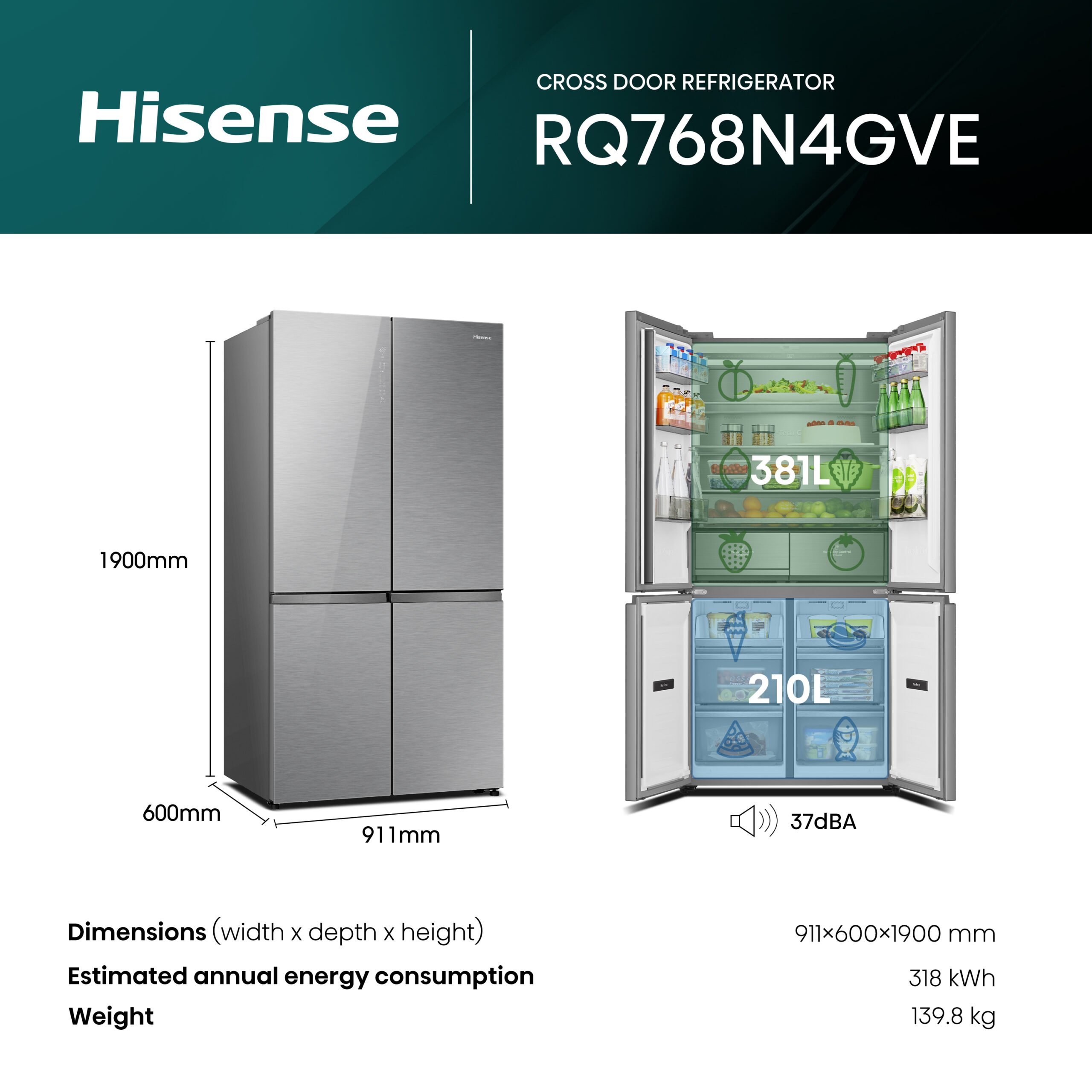 Hisense RQ768N4GVE amerikaanse koelkast Vrijstaand 591 l E Zilver DHZ2938 - Afbeelding 7