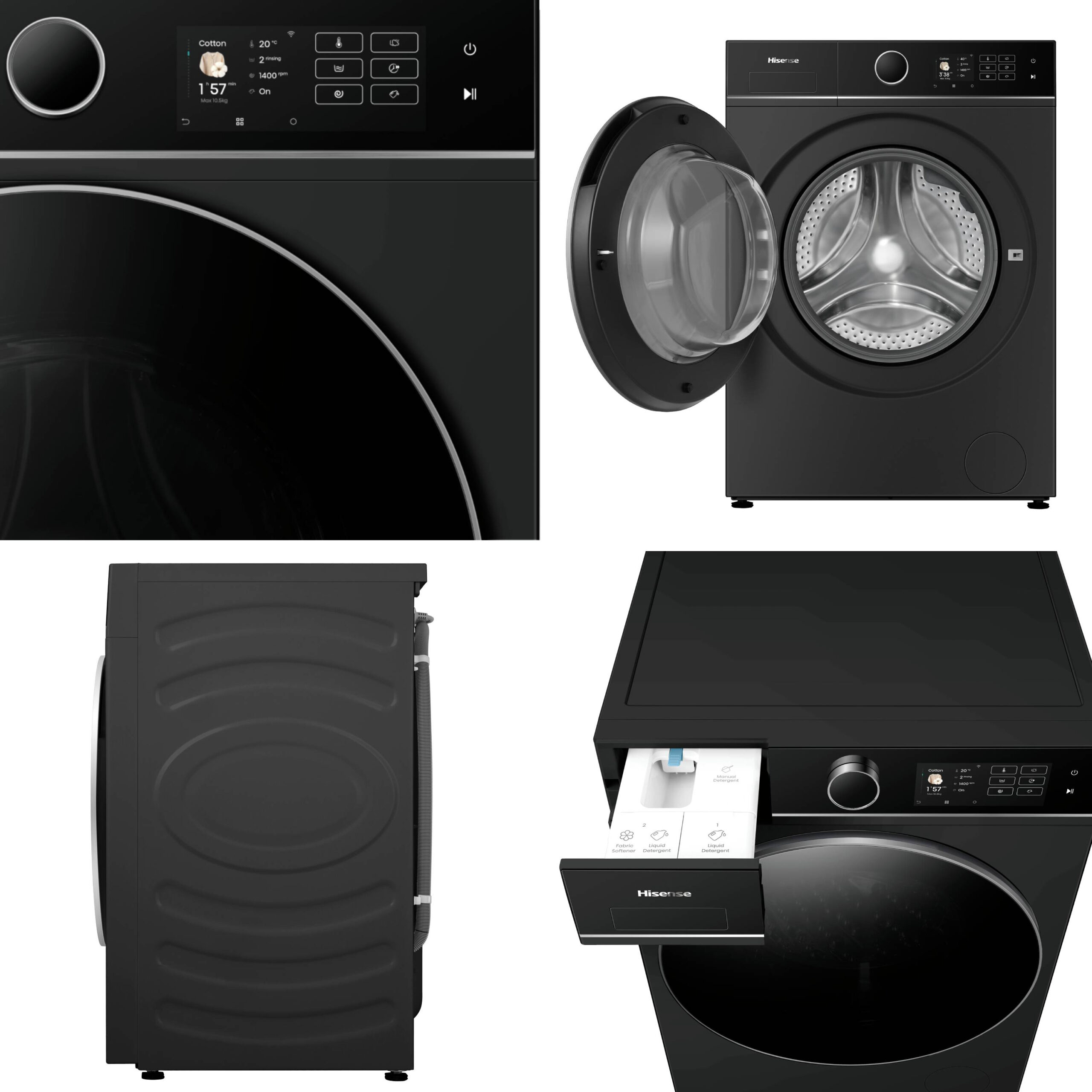 Hisense WF5I1045BBQ wasmachine Voorlader 10,5 kg 1400 RPM Zwart Verpakkingsschade DHZ4804 - Afbeelding 4