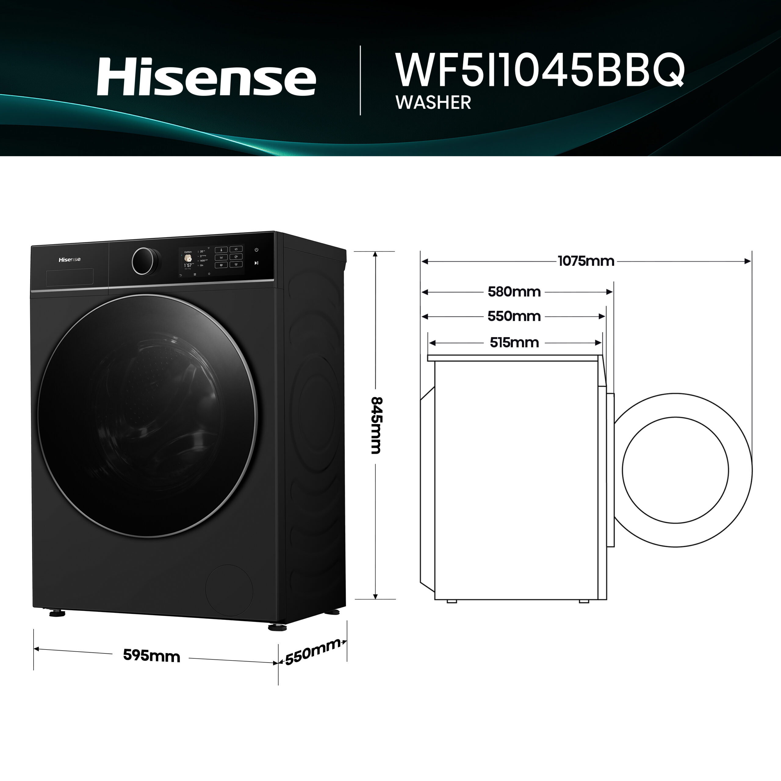 Hisense WF5I1045BBQ wasmachine Voorlader 10,5 kg 1400 RPM Zwart Verpakkingsschade DHZ4804 - Afbeelding 5