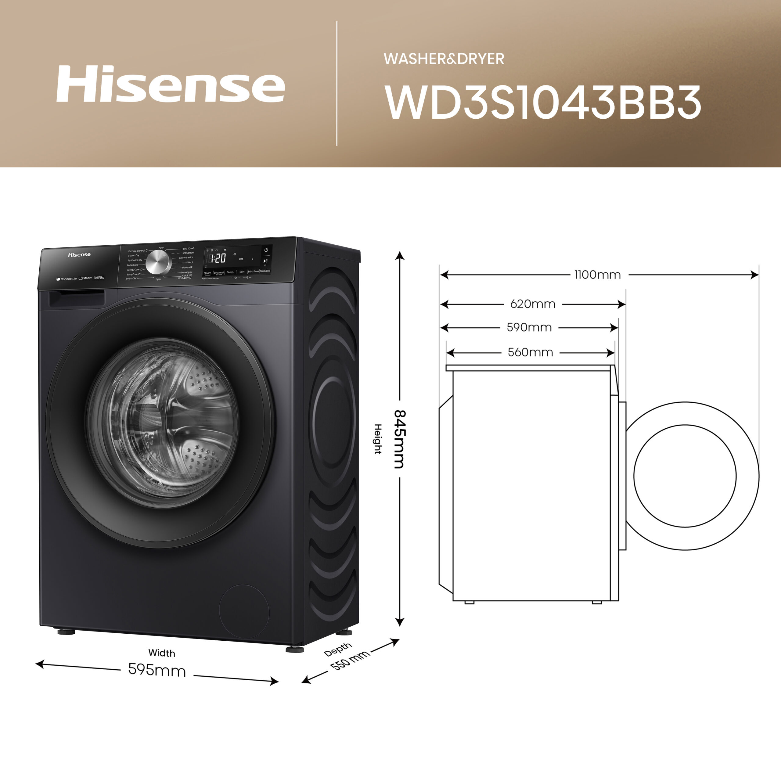 Hisense WD3S1043BB3 Was-droogcombinatie Vrijstaand Voorlader Zwart EWO5034 - Afbeelding 4